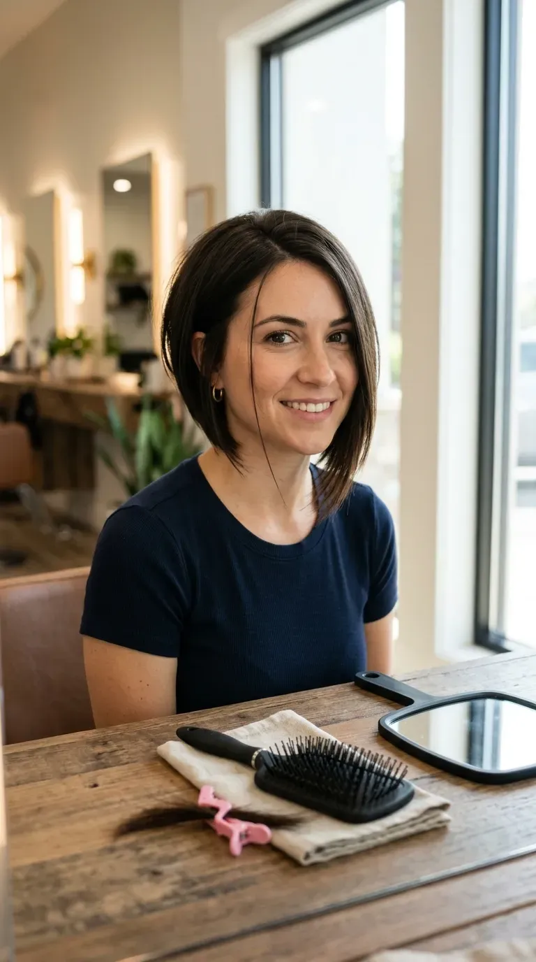 Woman with an angled stacked bob that is longer in front and shorter in back