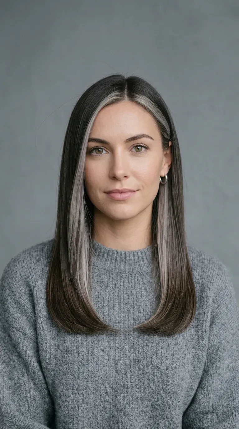 Woman with dark ash brown hair and cool ash blonde money piece styled sleek and straight