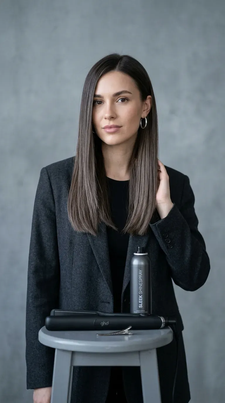 Woman with cool-toned ash brunette balayage adding subtle smoky dimension to dark brown hair