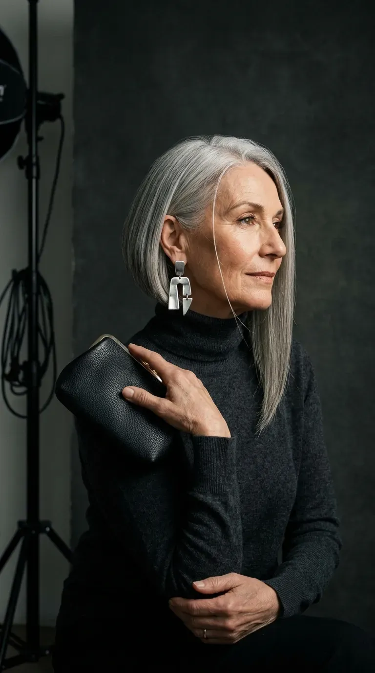 Woman over 60 with asymmetrical gray bob styled sleek against a dark editorial background