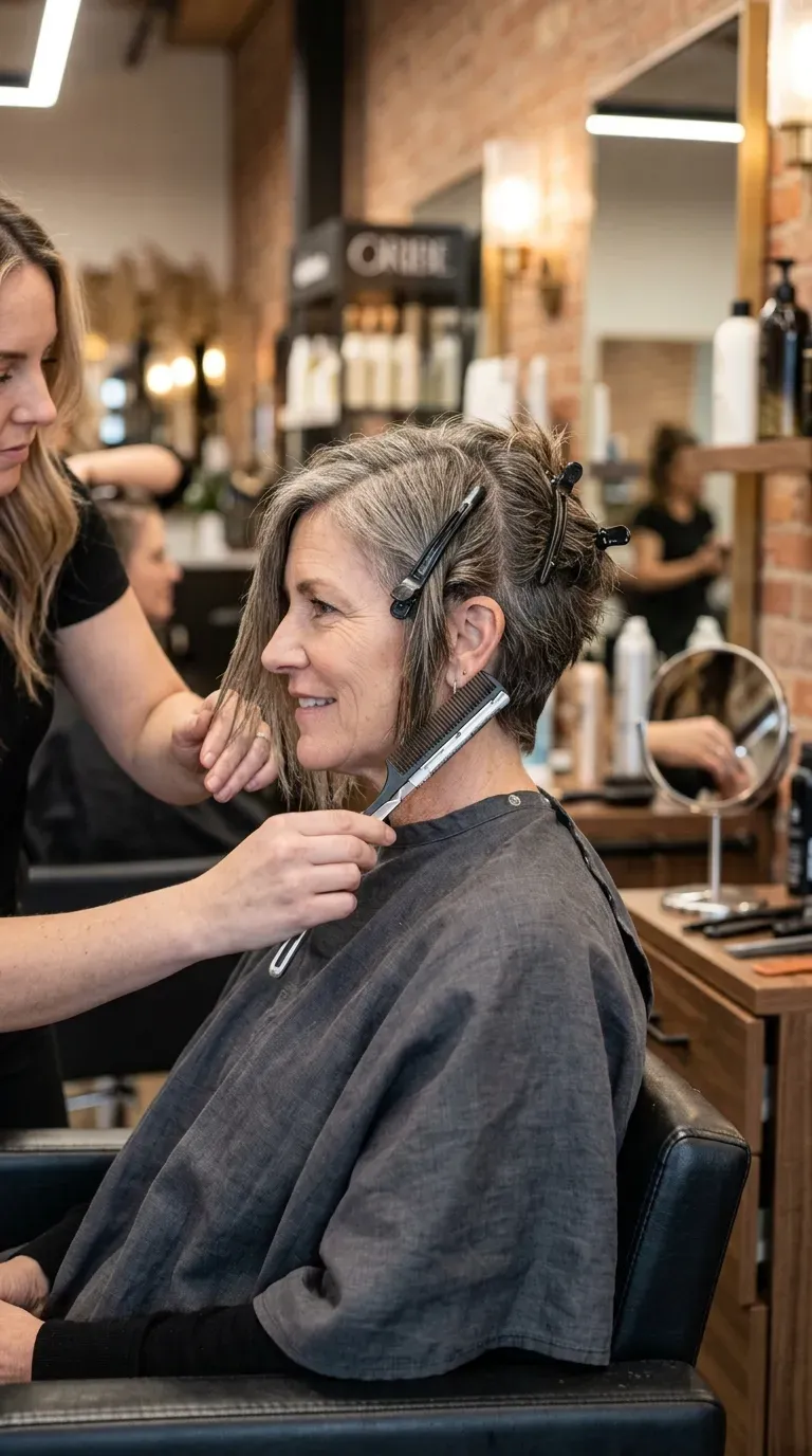 Woman over 60 with an asymmetrical choppy bob, shorter on one side