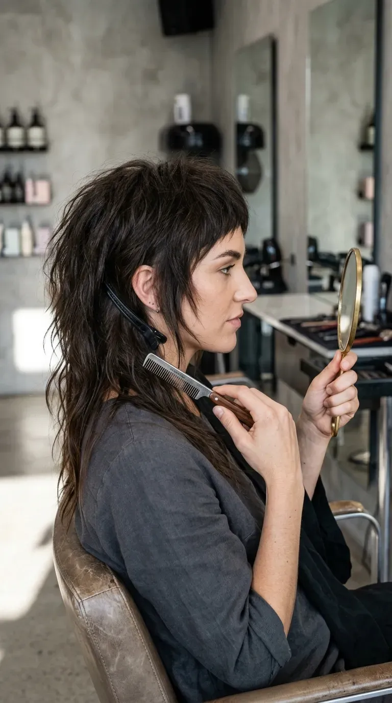 Woman with an asymmetrical shaggy bob, shorter on one side