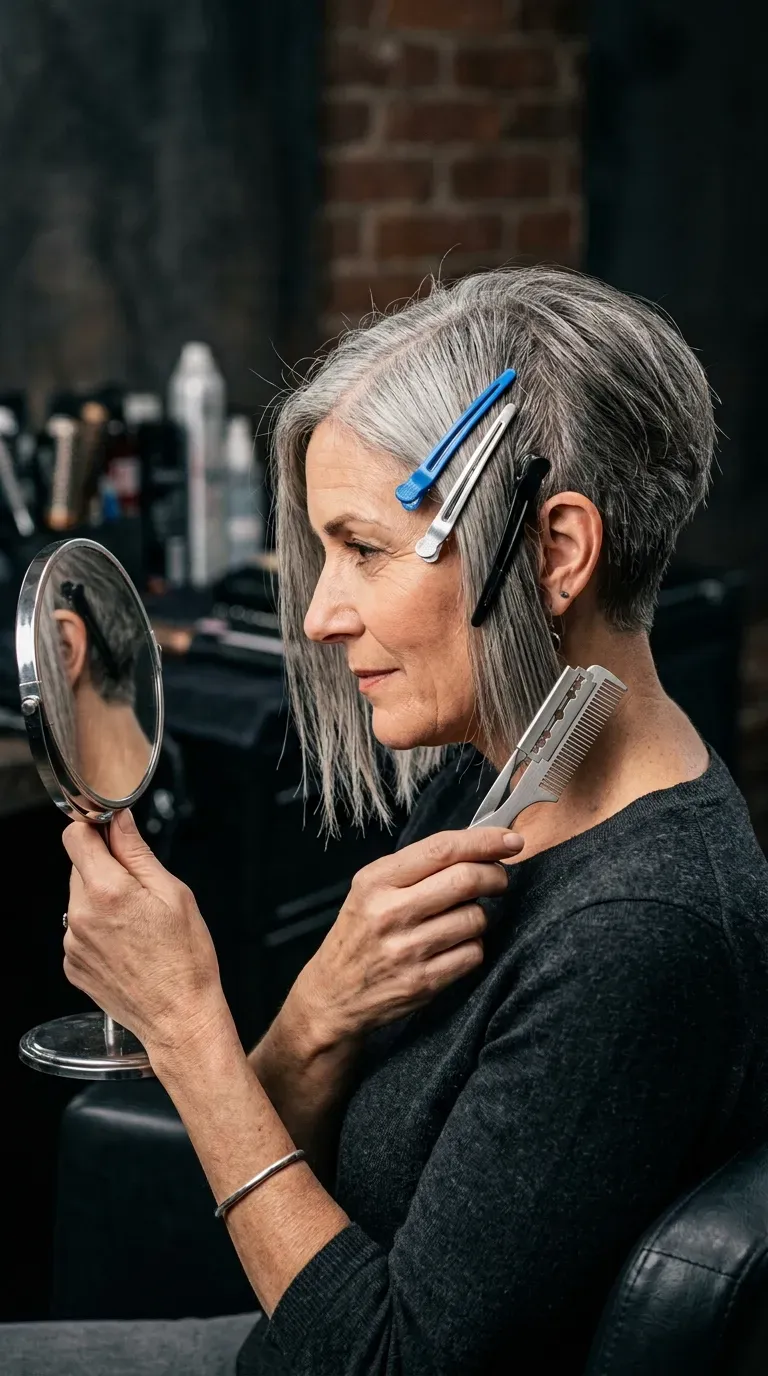 Woman over 50 with an asymmetrical short bob, shorter on one side
