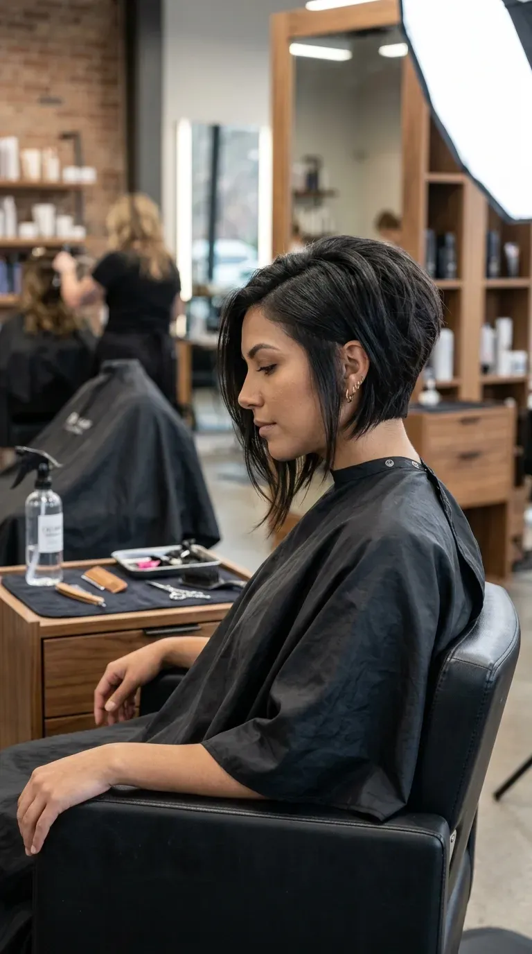 Woman with an asymmetrical stacked bob shorter on one side than the other