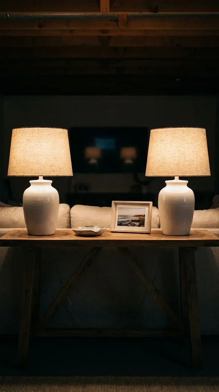 Pair of ceramic coastal table lamps flanking basement console table