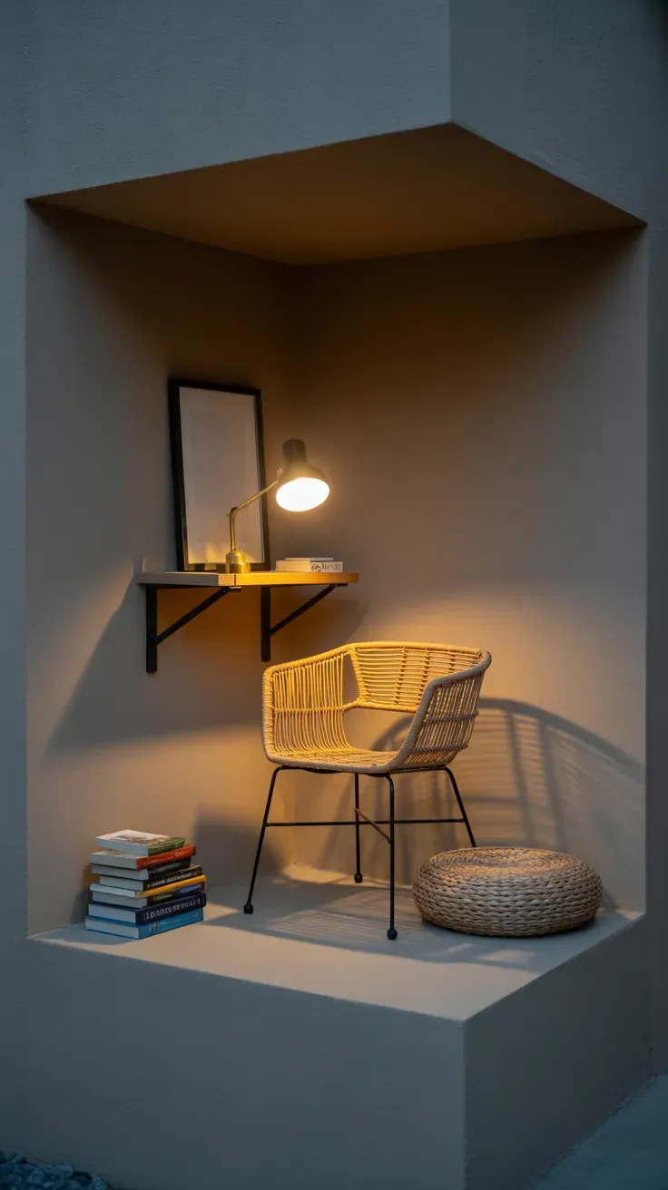 Compact coastal reading nook tucked into basement corner