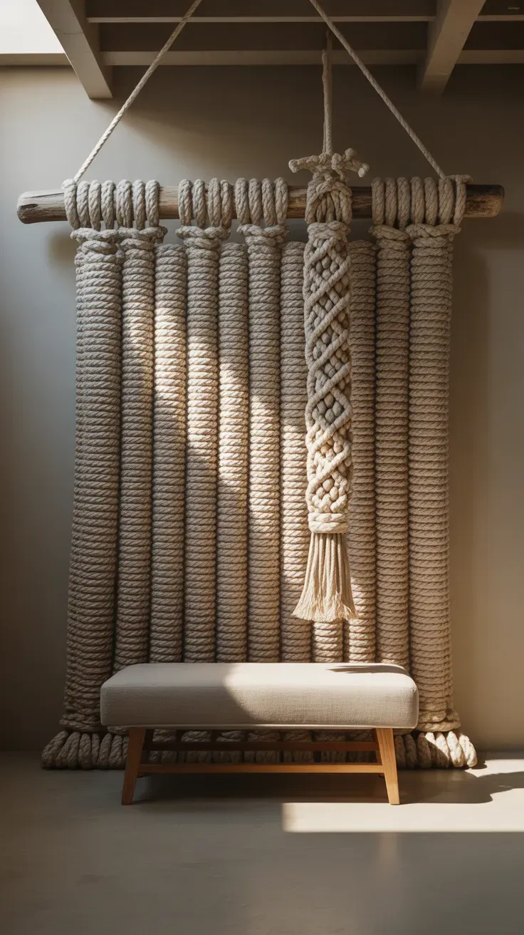 Woven cotton rope wall hanging as coastal art in basement