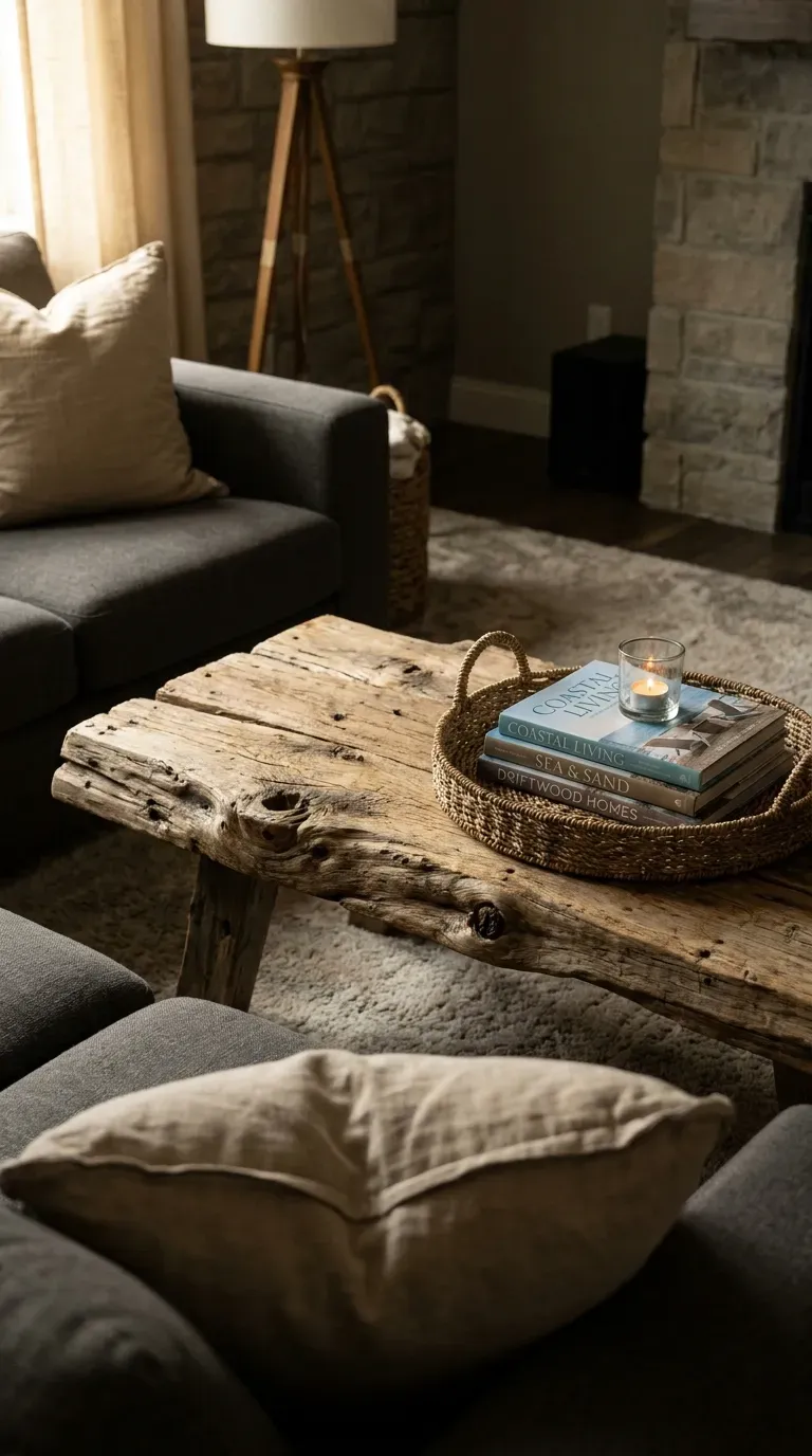 Driftwood coffee table centerpiece in coastal basement living room