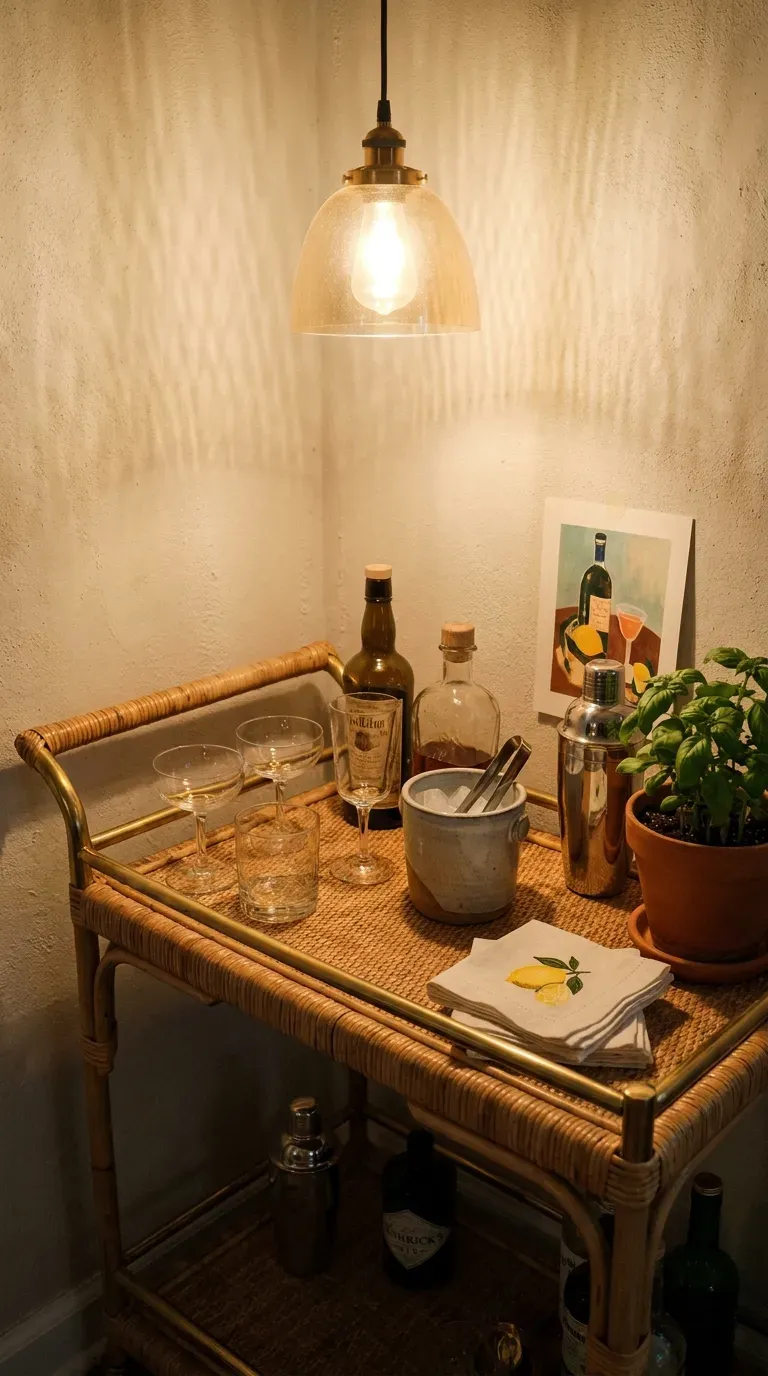 Compact fold-flat bar cart for small coastal basement entertaining space