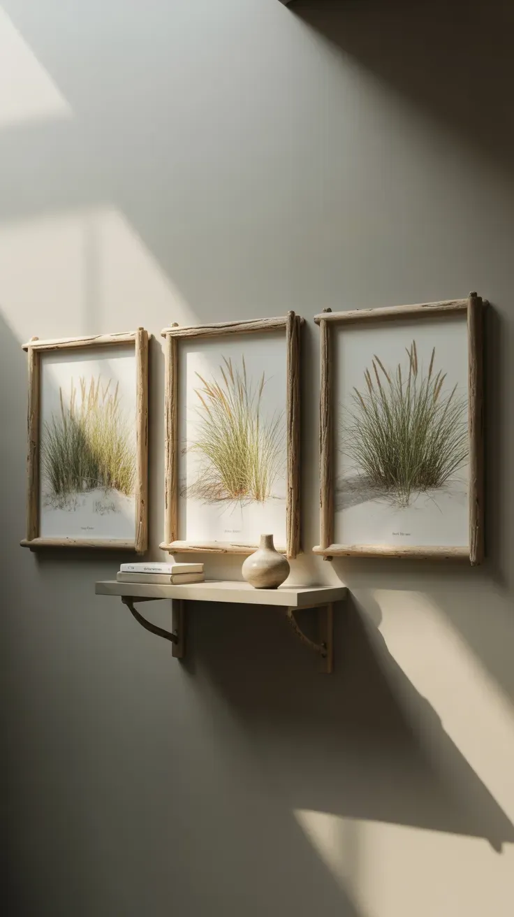 Framed botanical coastal grass prints arranged on basement wall