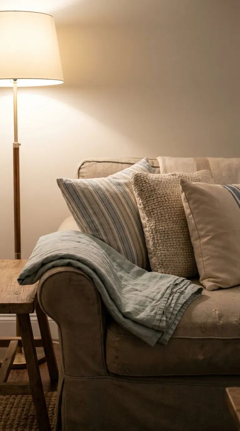Layered mix of coastal throw pillows on basement sofa in varied textures