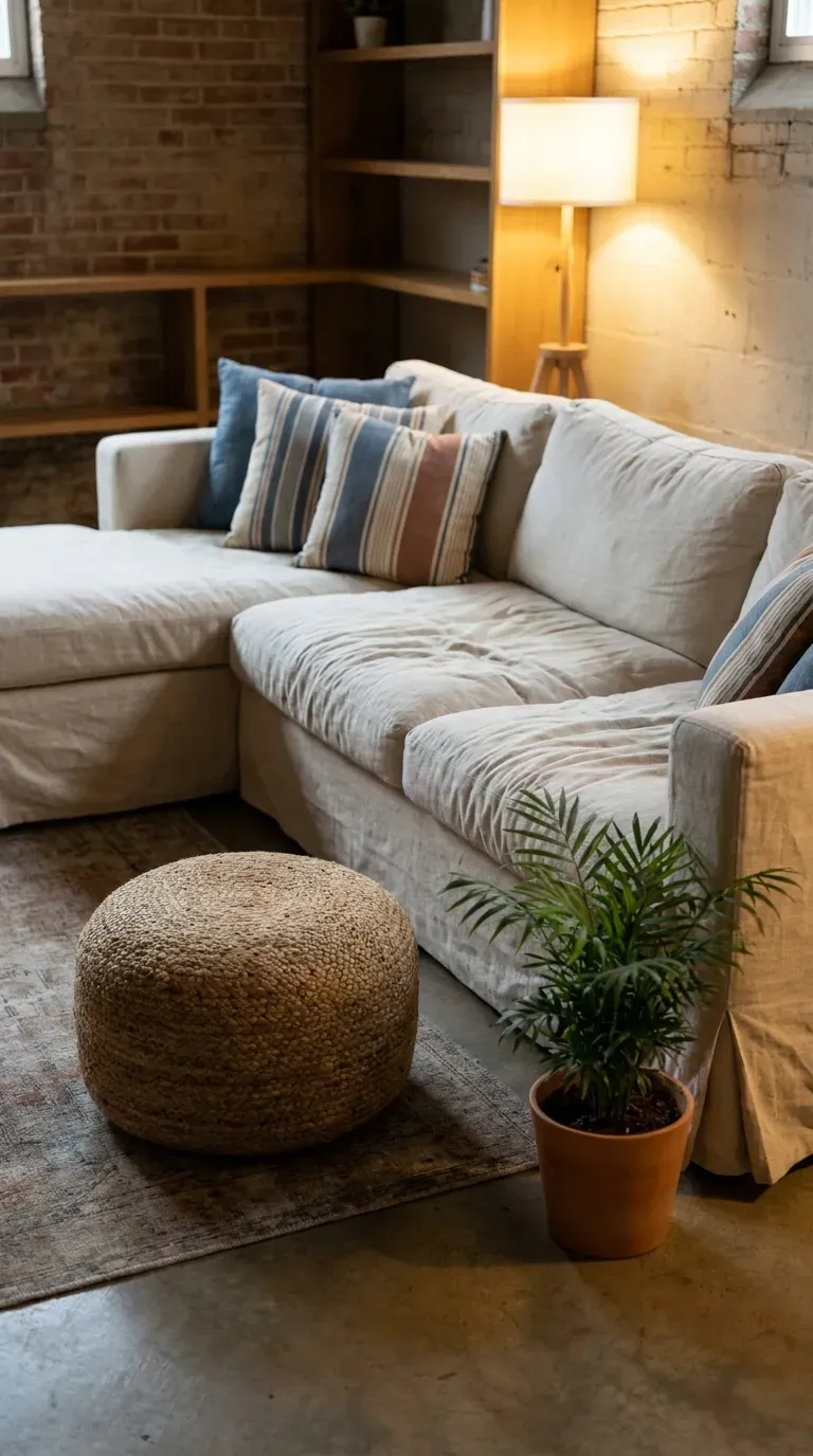 Relaxed linen slipcovered sectional sofa in coastal basement lounge