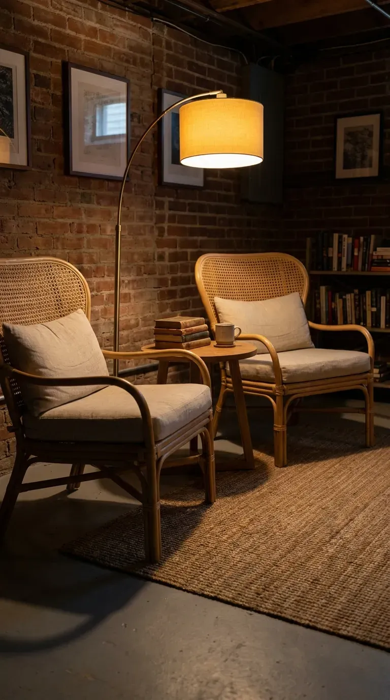 Pair of low-profile rattan armchairs in coastal basement reading nook