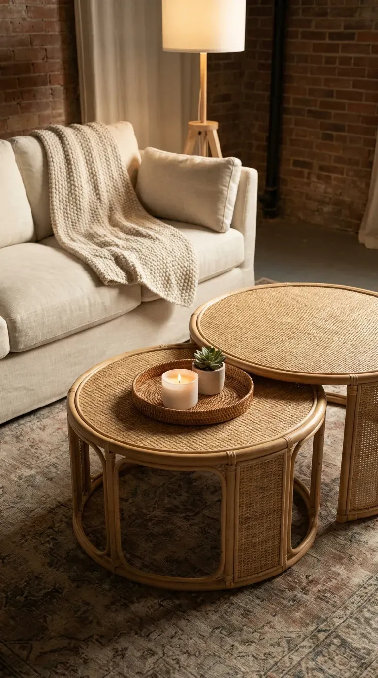 Nesting coffee table set in small coastal basement seating area
