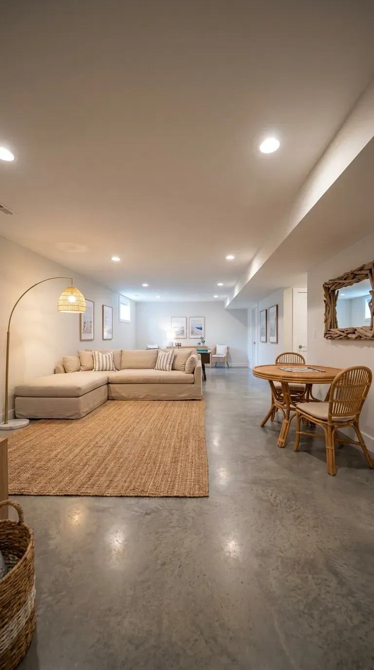 Open basement layout with zoned coastal seating and game areas