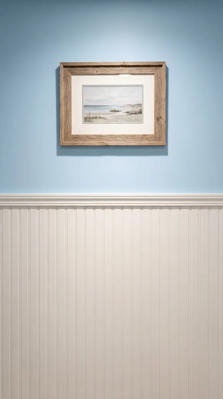 Basement wall with painted white beadboard wainscoting coastal style