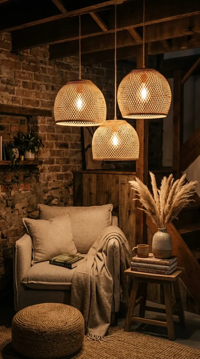 Cluster of woven rattan pendant lights over basement seating area