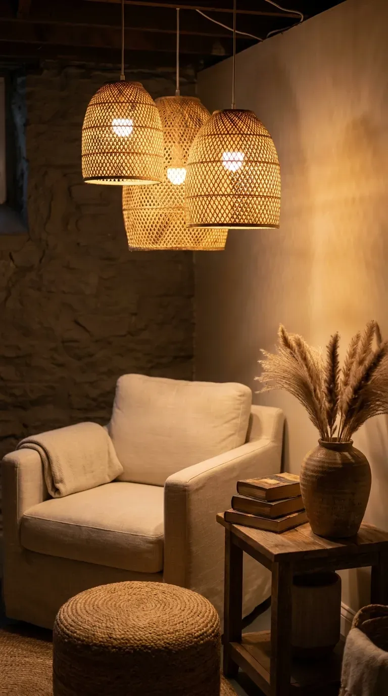 Cluster of woven rattan pendant lights over basement seating area