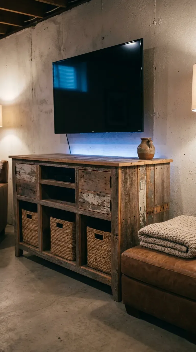 Reclaimed boat wood media console in coastal basement media room