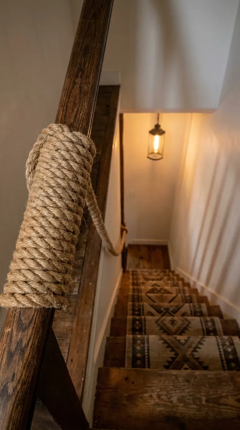 Basement stair railing wrapped in natural rope for coastal detail