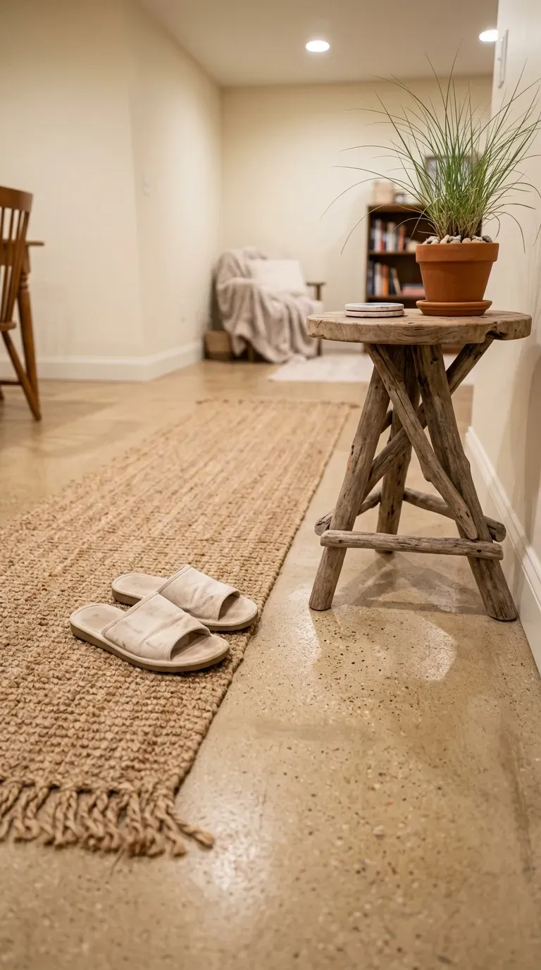 Basement concrete floor finished in sandy beige coastal tone