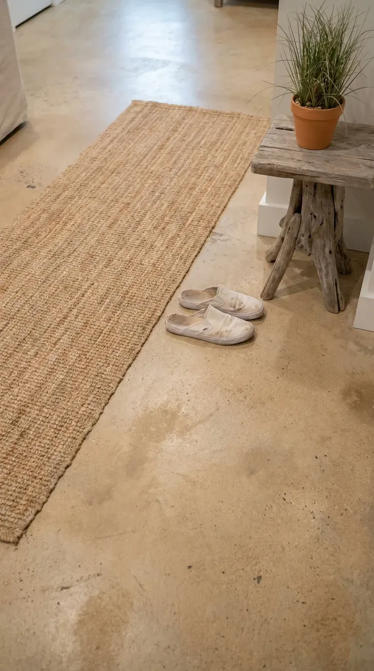 Basement concrete floor finished in sandy beige coastal tone
