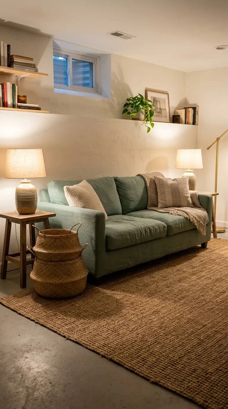 Coastal basement living area with sea glass green accent sofa