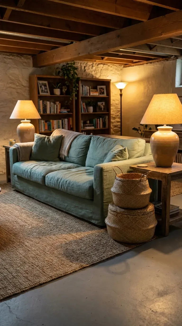 Coastal basement living area with sea glass green accent sofa