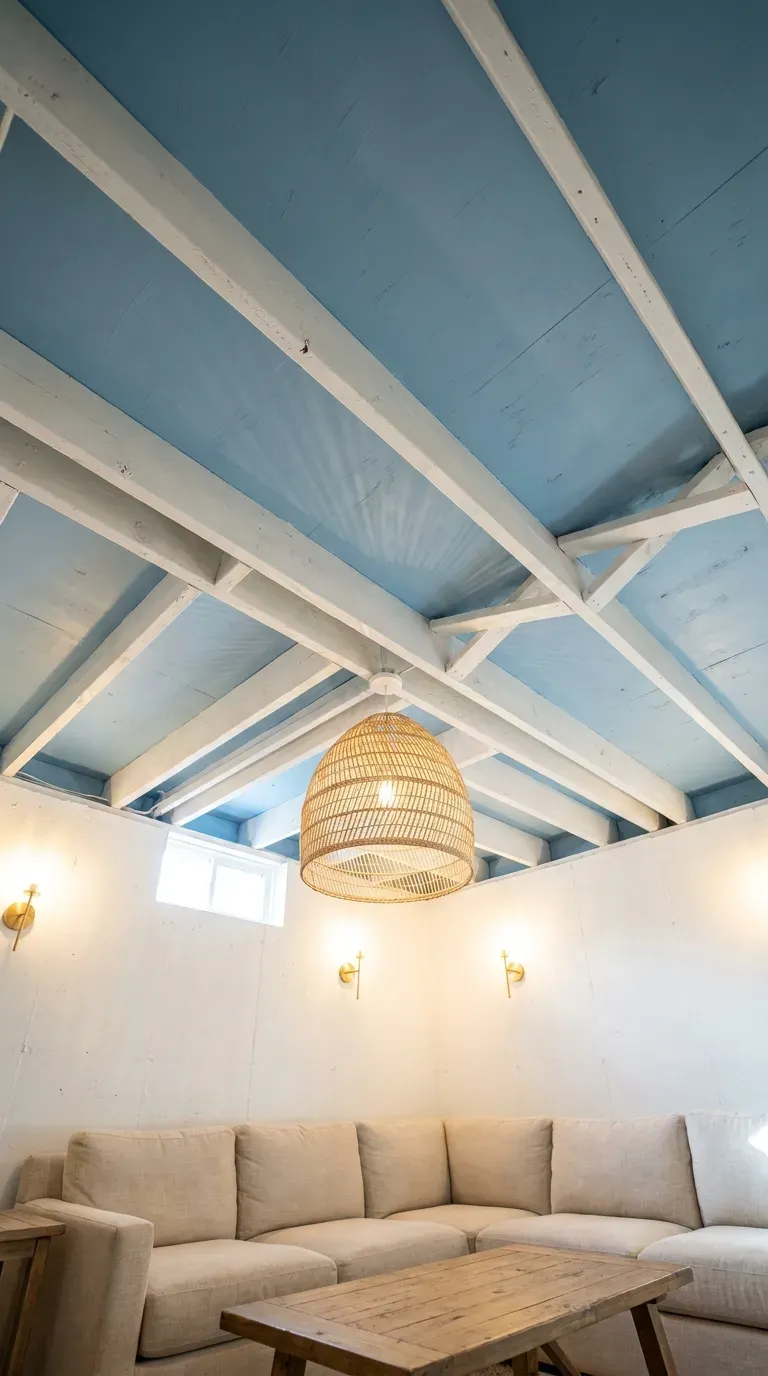 Basement ceiling painted soft sky blue for coastal beach basement look