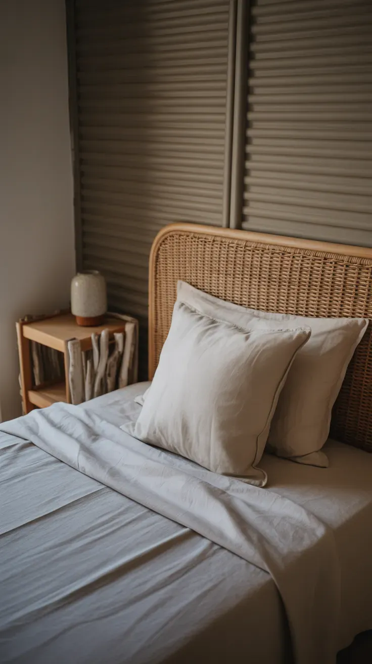 Slatted rattan bed frame in coastal basement guest room nook