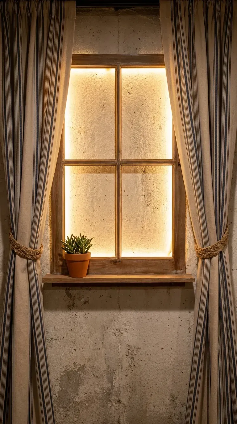 Faux window treatment with striped canvas curtains in windowless basement