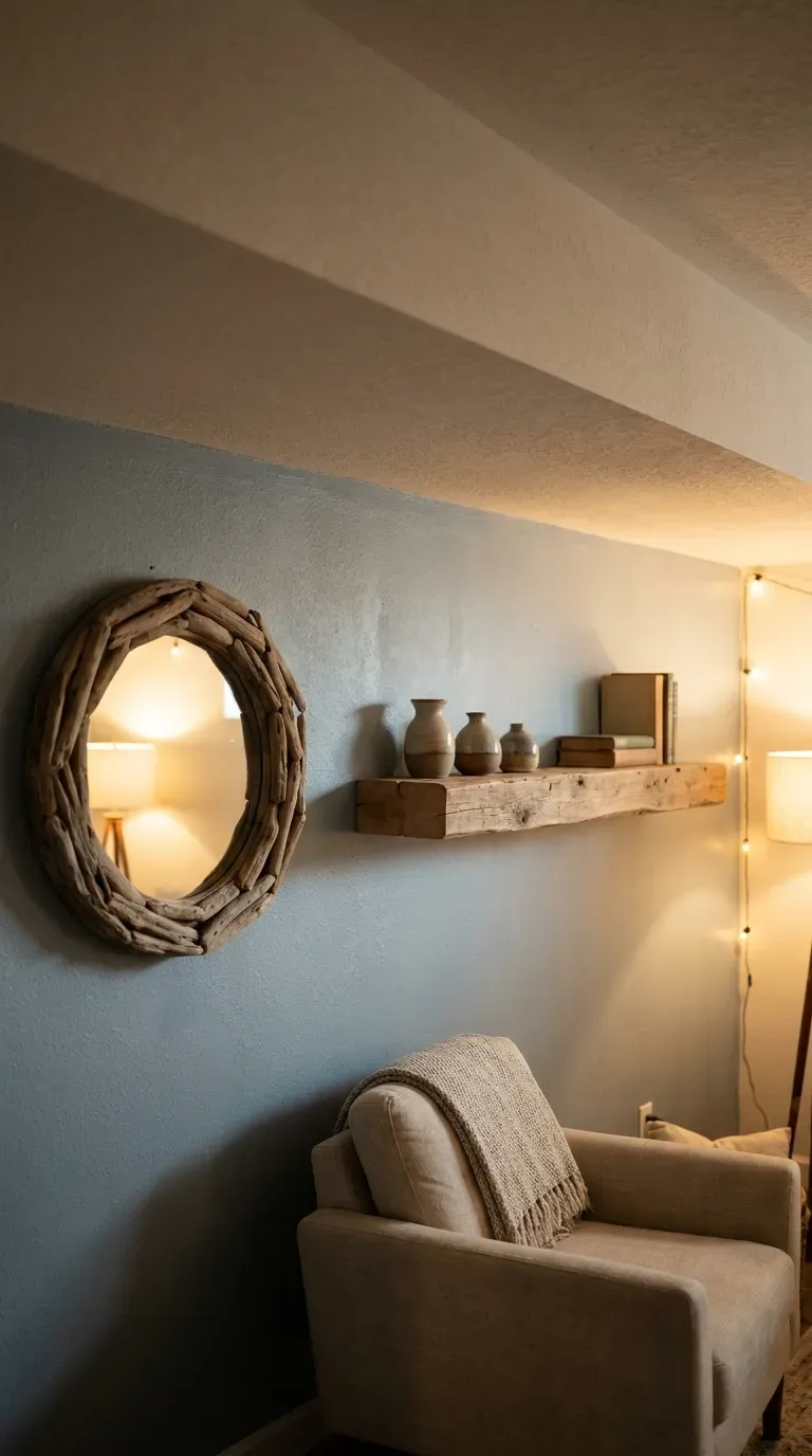 Basement accent wall painted sunwashed blue-gray coastal tone