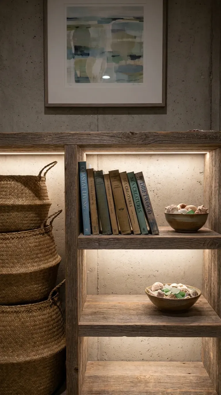 Weathered oak built-in shelving unit in coastal basement living space