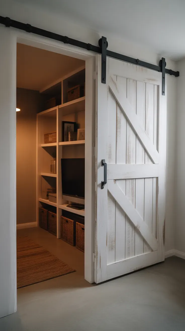 Whitewashed barn door used as room divider in coastal basement