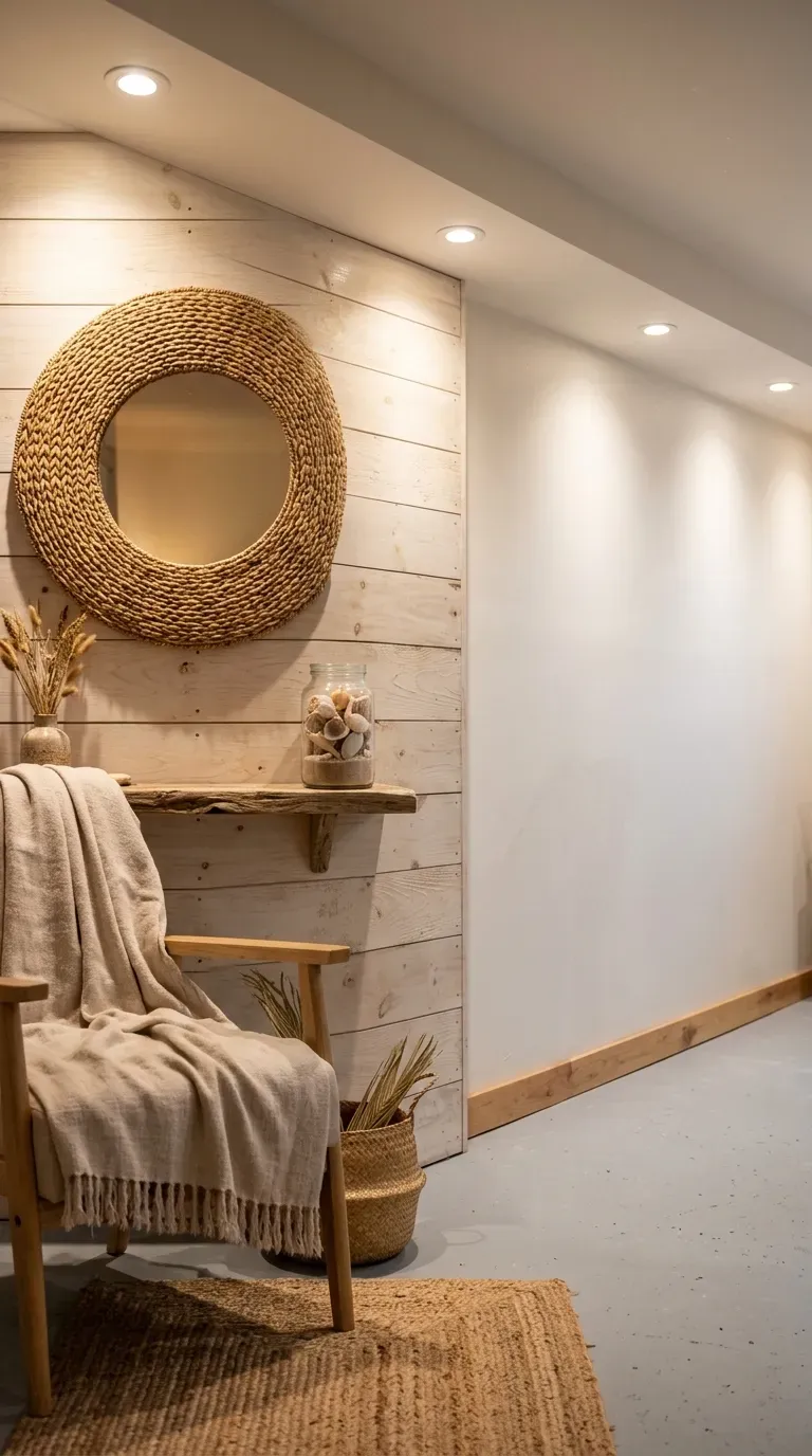 Beach basement with whitewashed shiplap accent wall and coastal decor