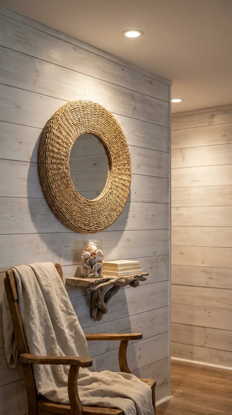 Beach basement with whitewashed shiplap accent wall and coastal decor