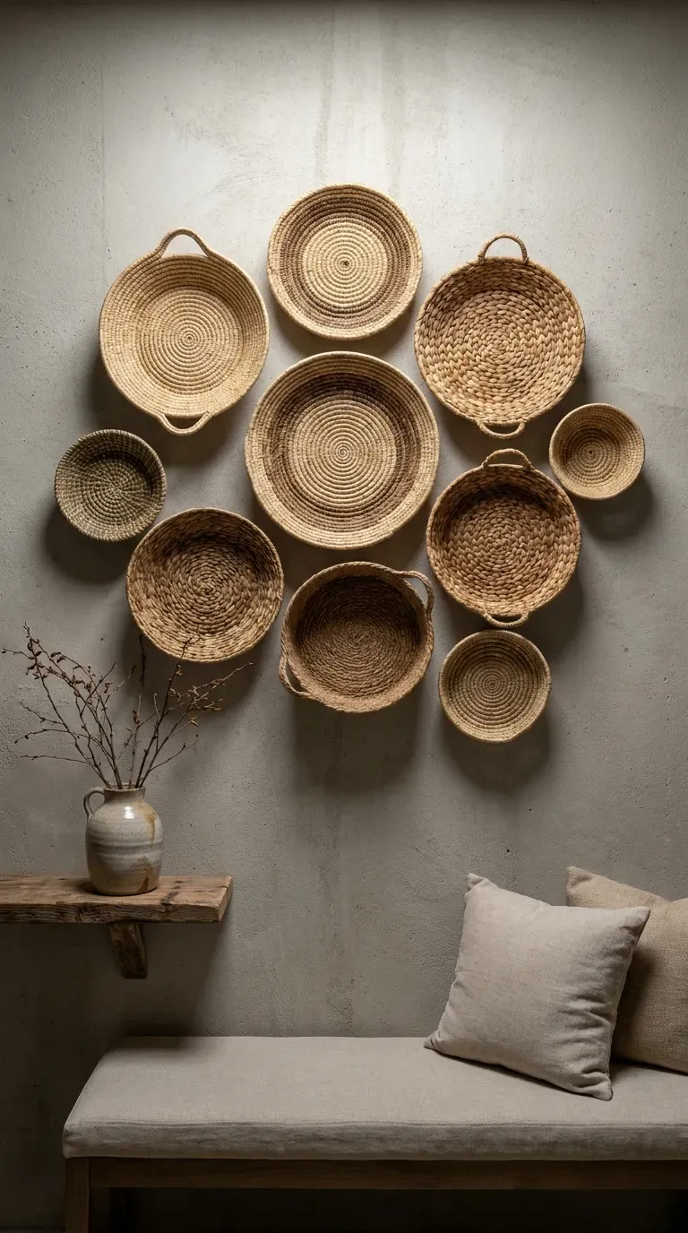 Gallery wall arrangement of woven baskets in coastal basement