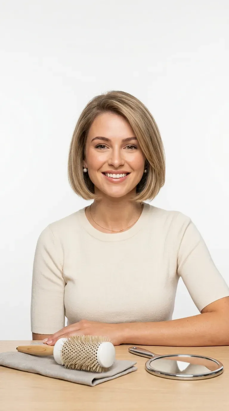 Woman with thin fine hair wearing a blowout bob with side-swept bangs styled with bounce