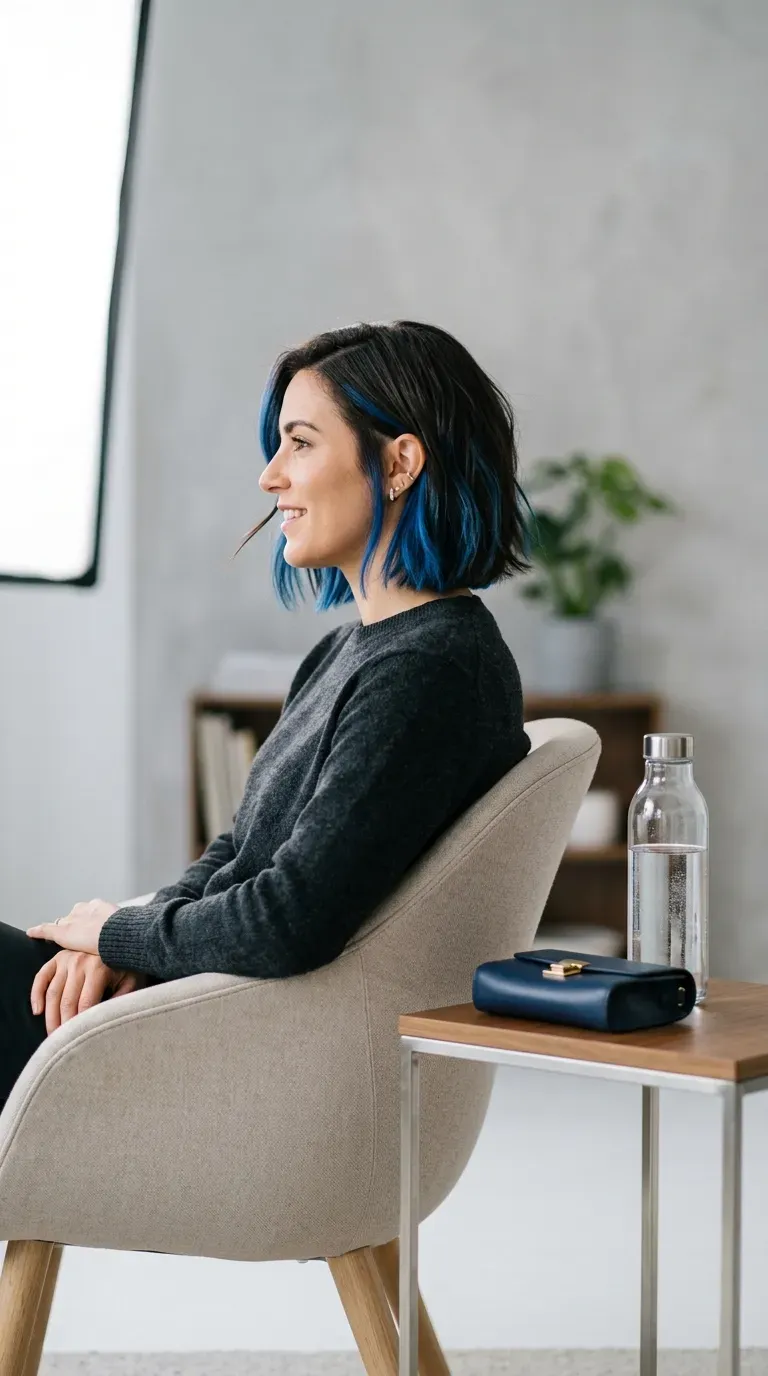 Side profile of woman with dark brunette chin-length bob and blue balayage framing the jaw