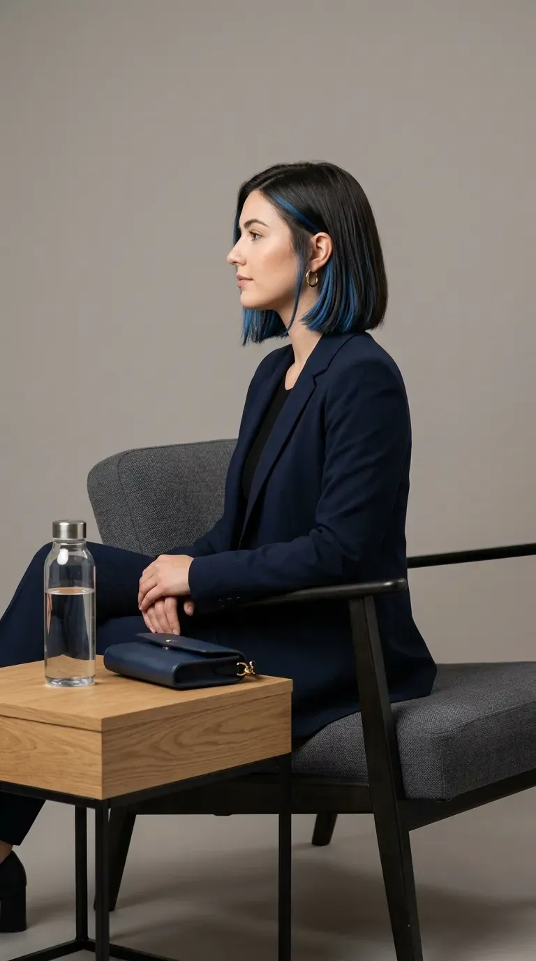 Side profile of woman with dark brunette chin-length bob and blue balayage framing the jaw