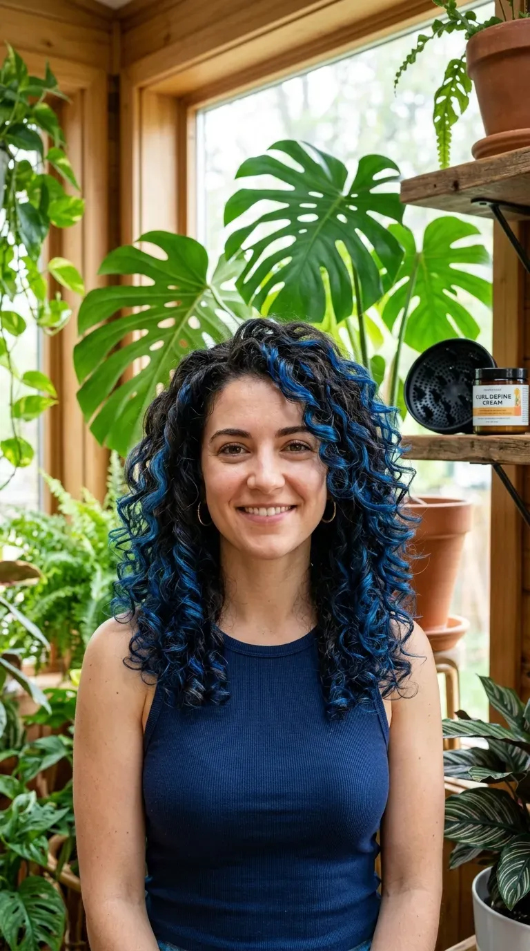 Woman with dark brunette curly hair and visible blue balayage highlights through the curls