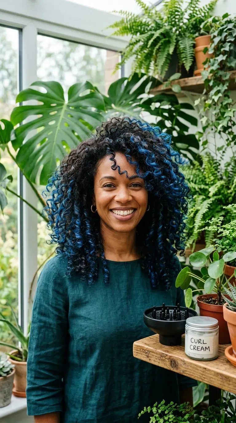 Woman with dark brunette curly hair and visible blue balayage highlights through the curls