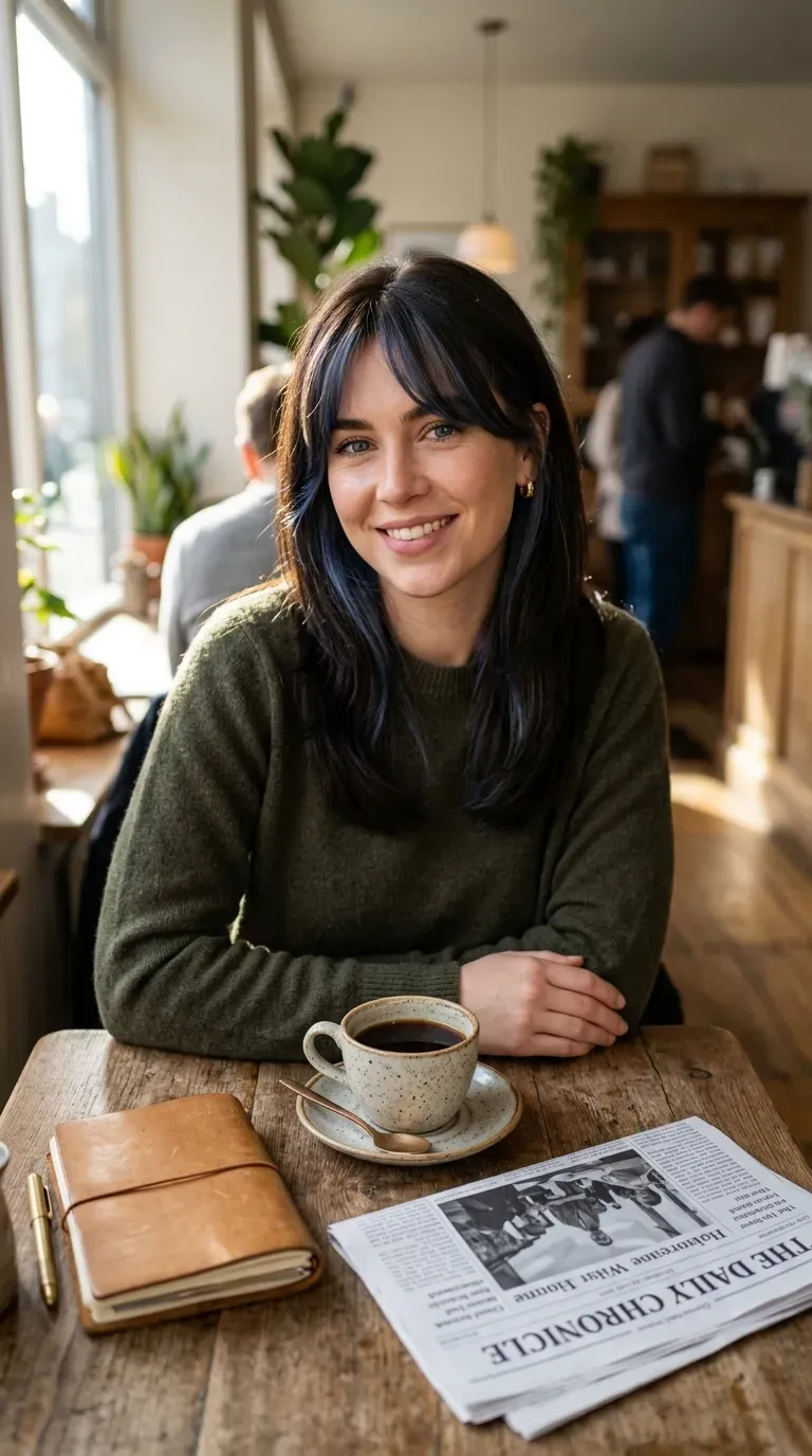 Close-up portrait of woman with dark brunette curtain bangs and blue balayage underneath
