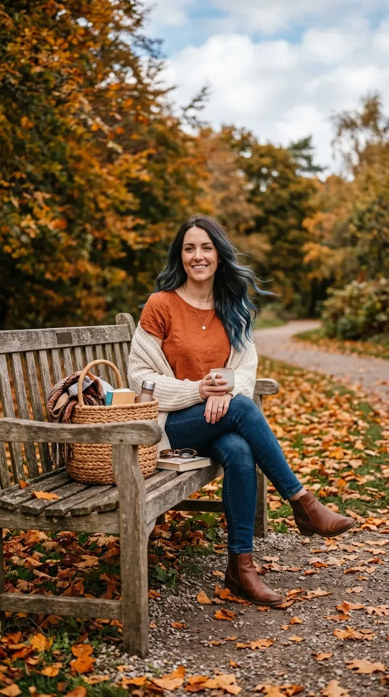 Woman with long layered dark brunette hair and blue balayage styled in loose waves outdoors