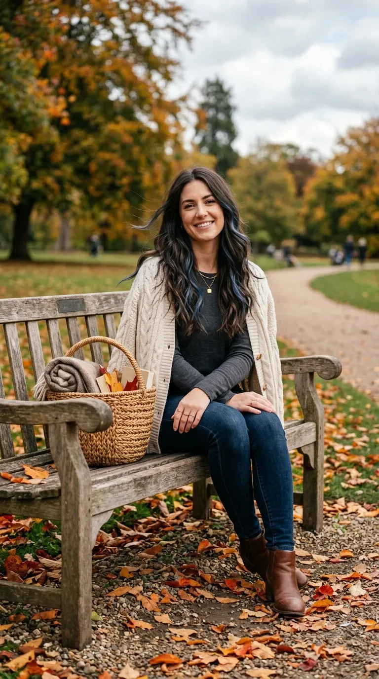 Woman with long layered dark brunette hair and blue balayage styled in loose waves outdoors