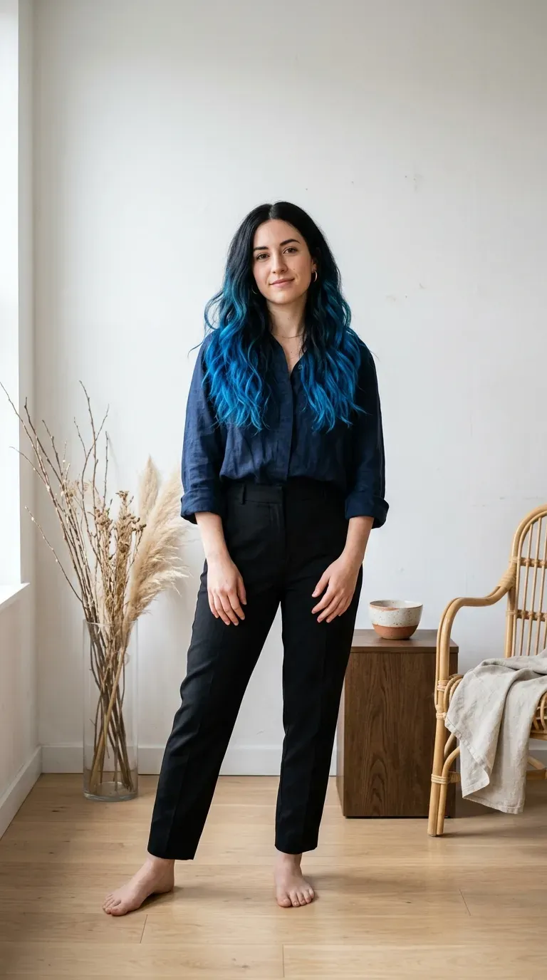Woman with dark black-brown hair transitioning into vivid blue balayage ombre ends