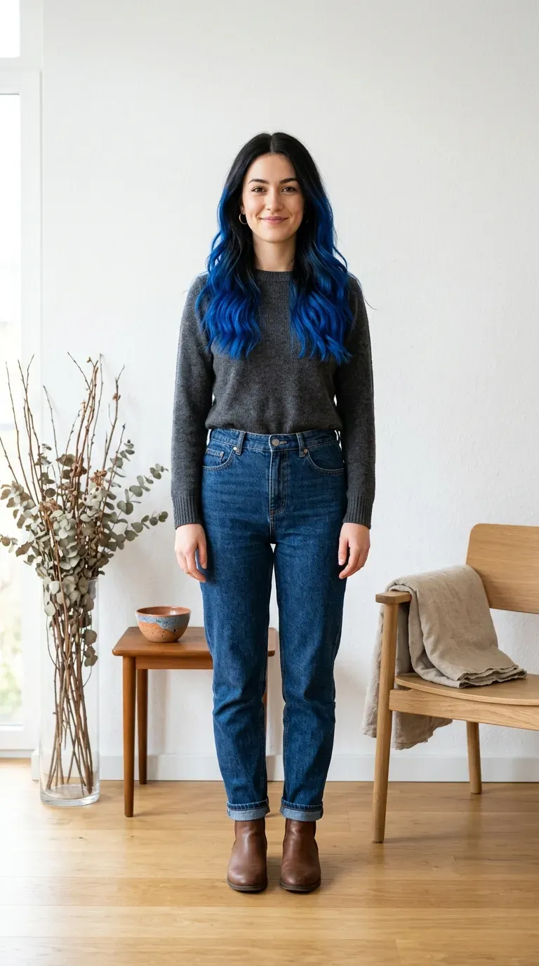 Woman with dark black-brown hair transitioning into vivid blue balayage ombre ends