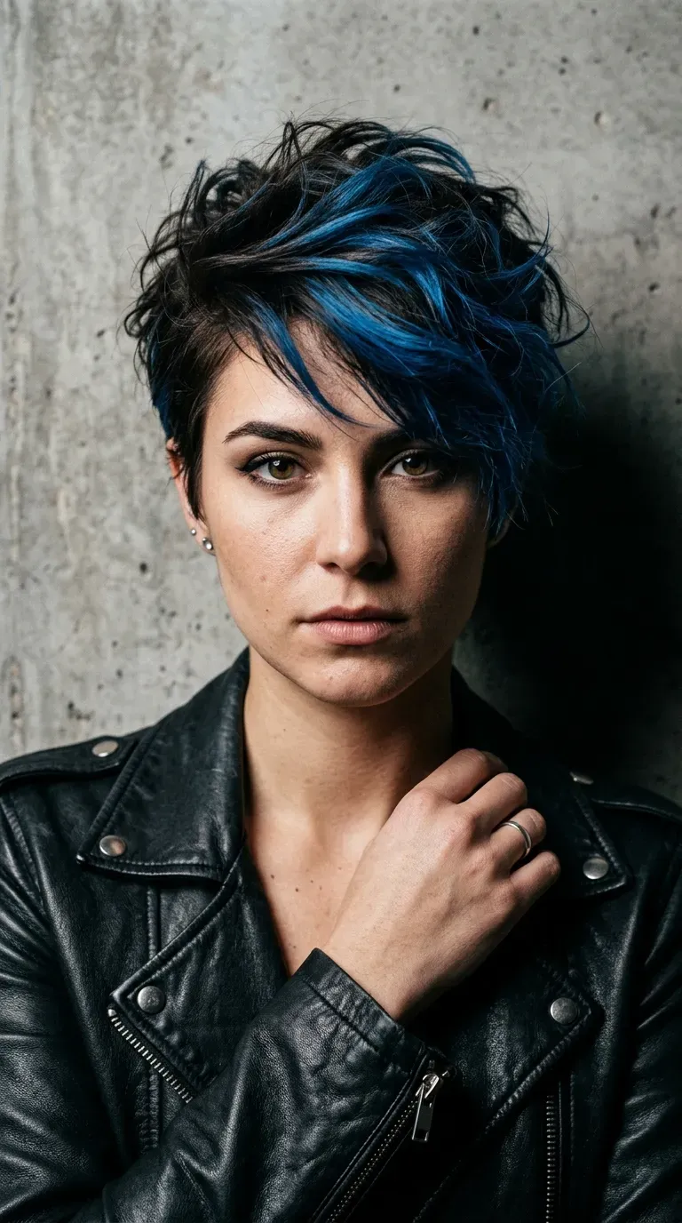 Woman with dark brunette pixie cut and bold blue balayage streaks through the crown