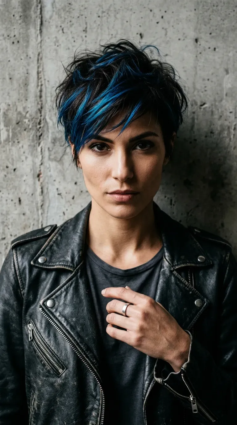 Woman with dark brunette pixie cut and bold blue balayage streaks through the crown