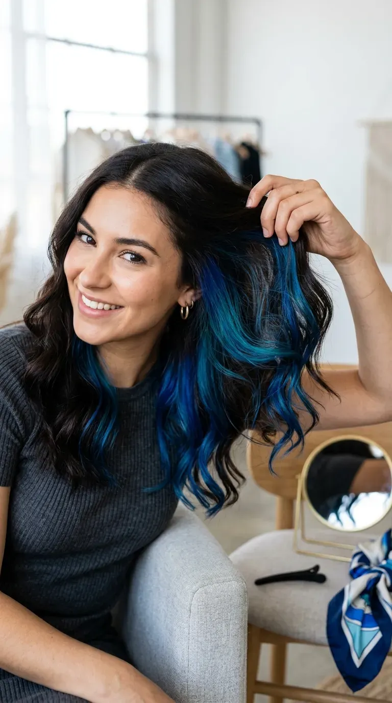 Woman with dark brunette hair lifted to reveal hidden blue balayage underlights